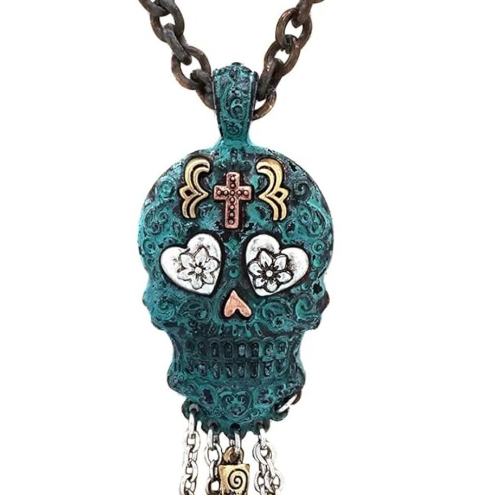 Charm Dangling Sugar Skull Pendant Day of the Dead Long Necklace 30 inch
